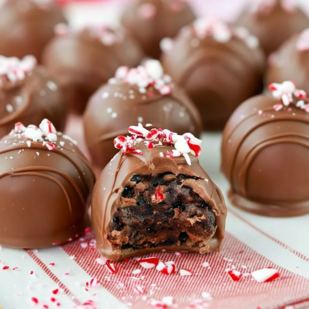 Close-up of a milk-chocolate coated brownie truffle sprinkled with crushed red-and-white candy cane pieces on a parchment-lined tray, Peppermint Candy Cane Brownies.