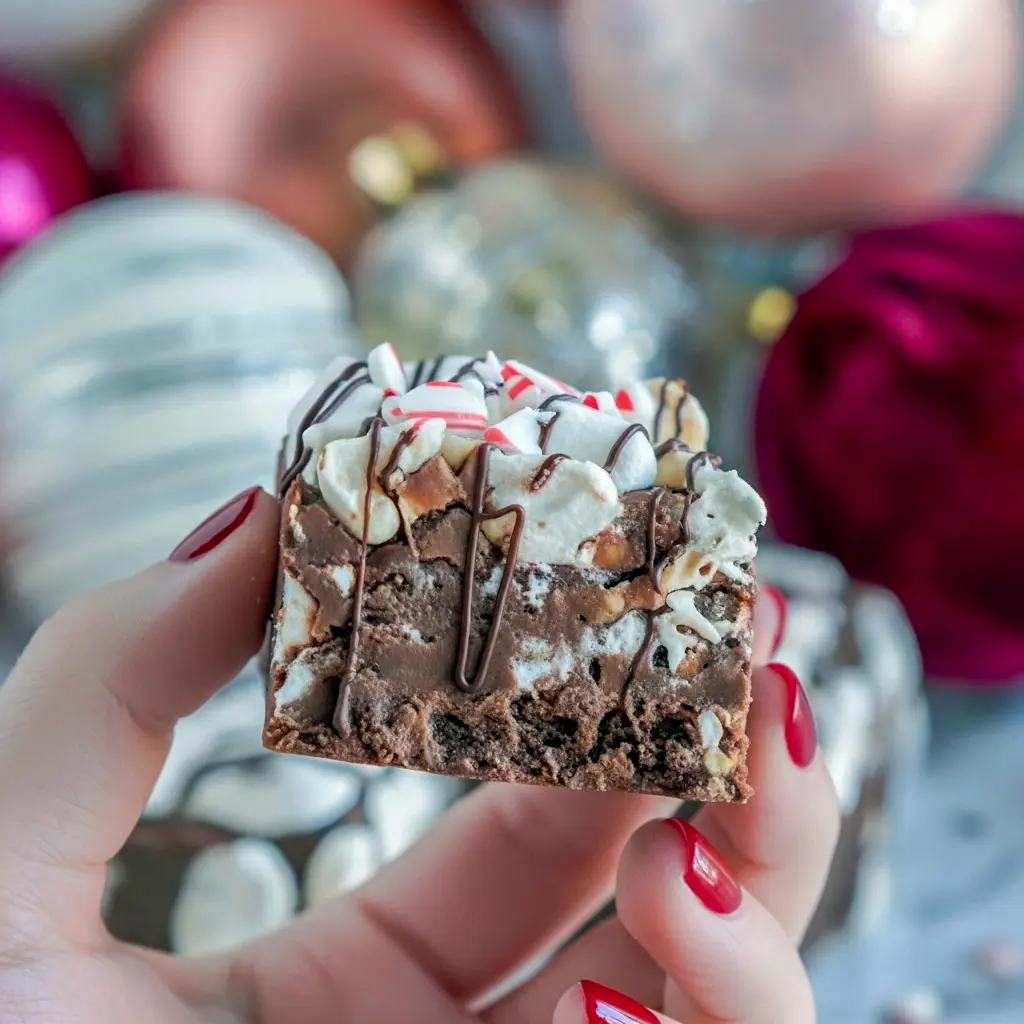 Close-up of peppermint chocolate fudge squares topped with mini marshmallows, crushed candy cane, and a chocolate drizzle, arranged on a festive napkin, Peppermint Chocolate Fudge.