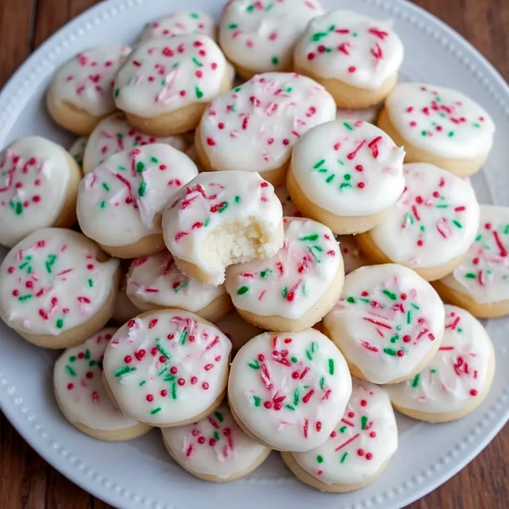 Close-up of frosted peppermint meltaway cookies dusted with crushed candy cane, stacked on a festive plate.