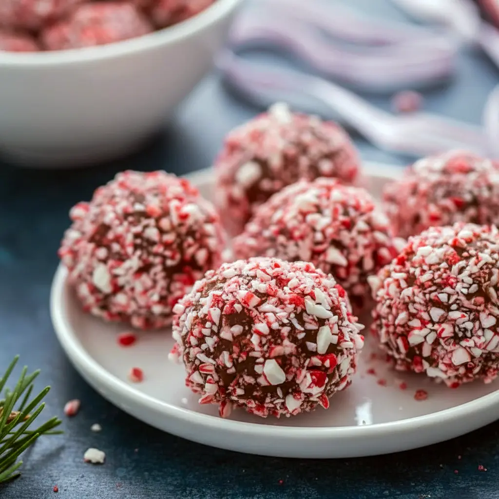 Close-up of glossy peppermint truffles coated in crushed candy cane and cocoa, arranged on a festive tray, Peppermint Truffles Recipe.