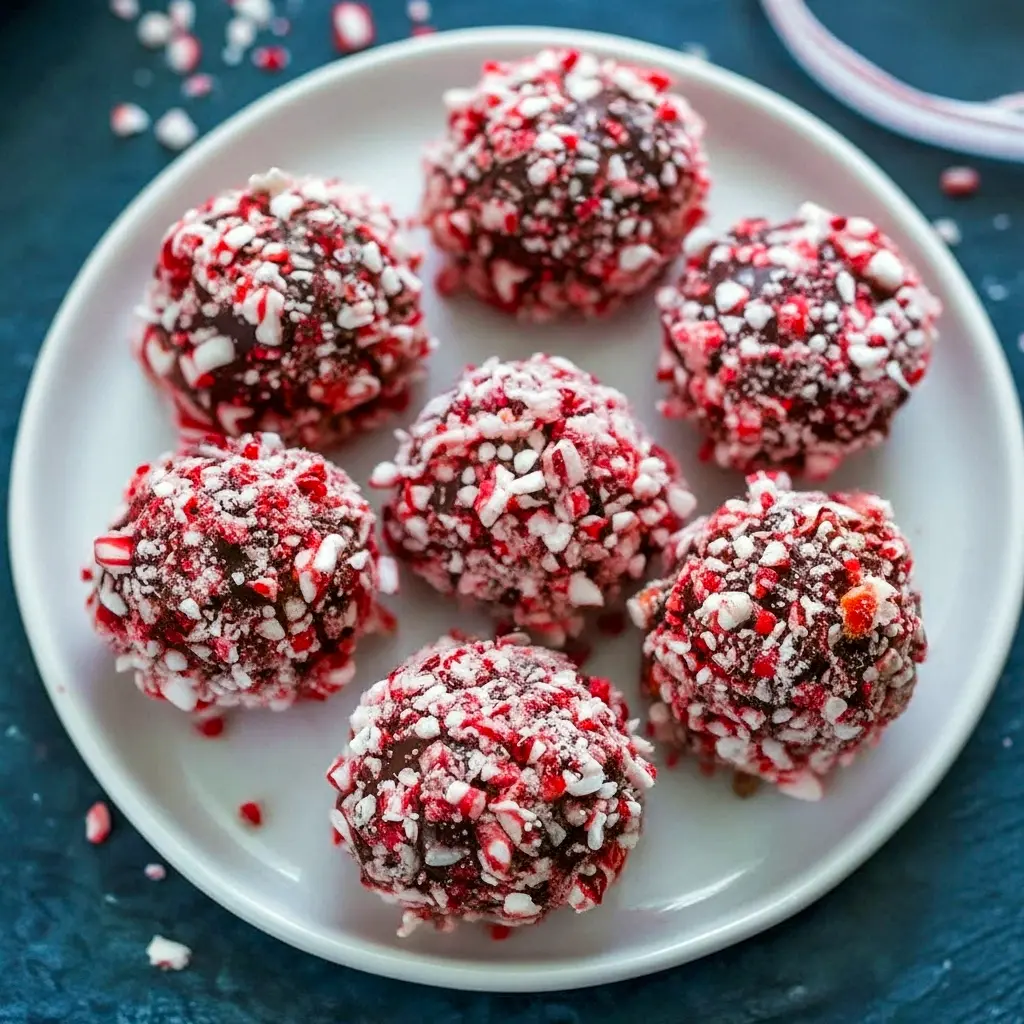 Close-up of glossy peppermint truffles coated in crushed candy cane and cocoa, arranged on a festive tray, Peppermint Truffles Recipe.