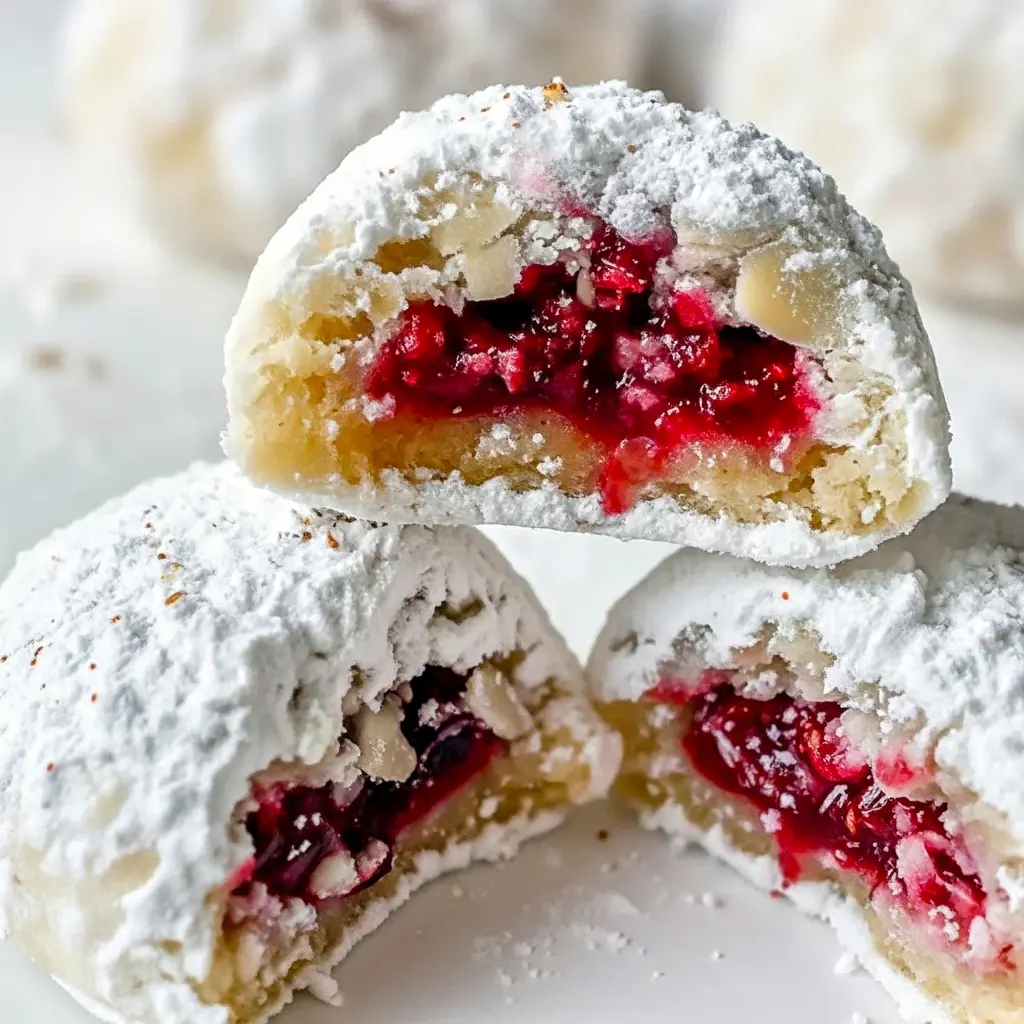 Close-up of raspberry-studded almond snowball cookies dusted in powdered sugar, stacked on a festive plate, Old Christmas Cookies.