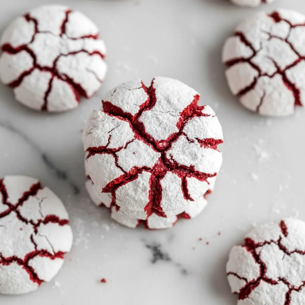 Close-up of powdered-sugar–dusted red velvet crinkle cookies on a plate, festive and bright — Red Christmas Desserts.