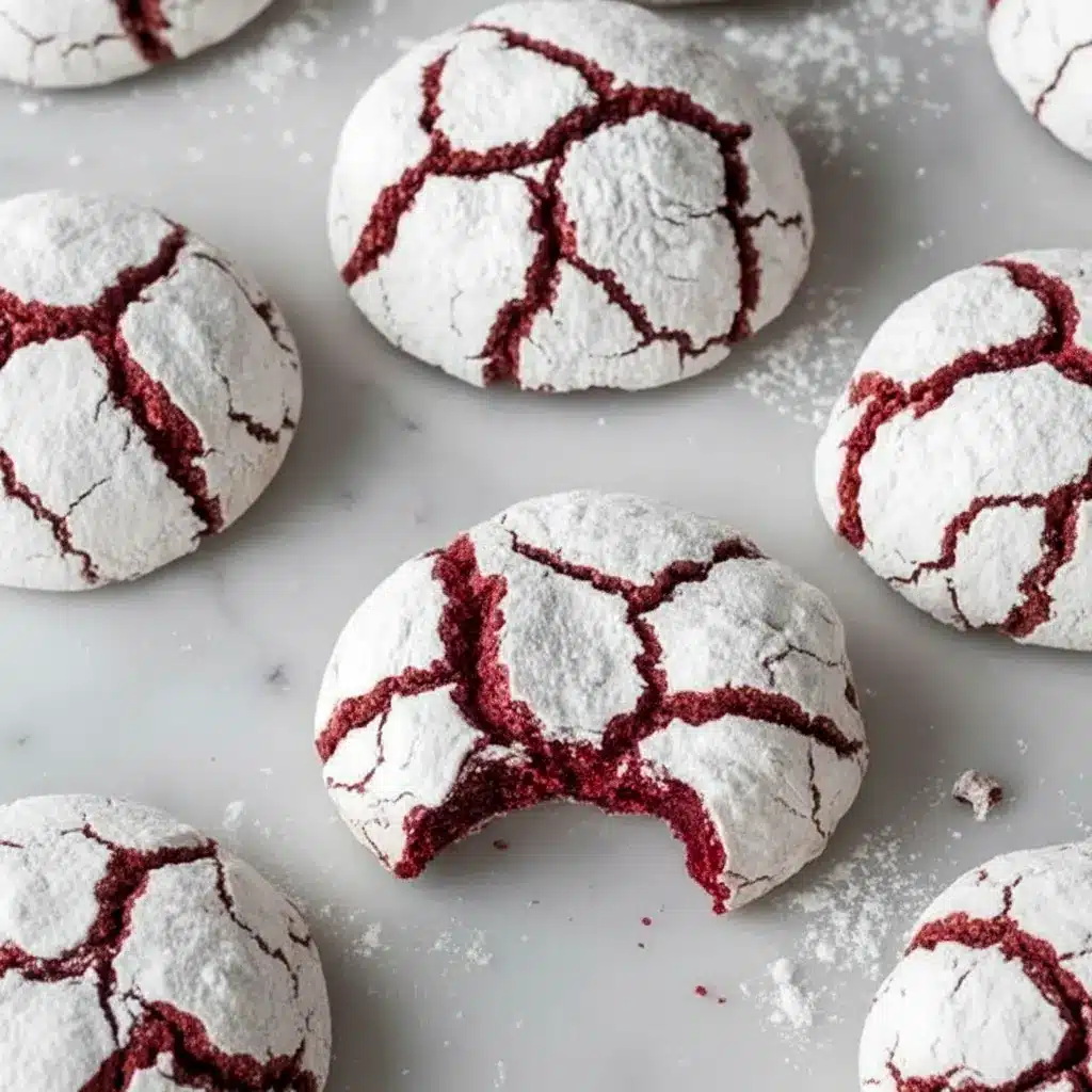Close-up of powdered-sugar–dusted red velvet crinkle cookies on a plate, festive and bright — Red Christmas Desserts.