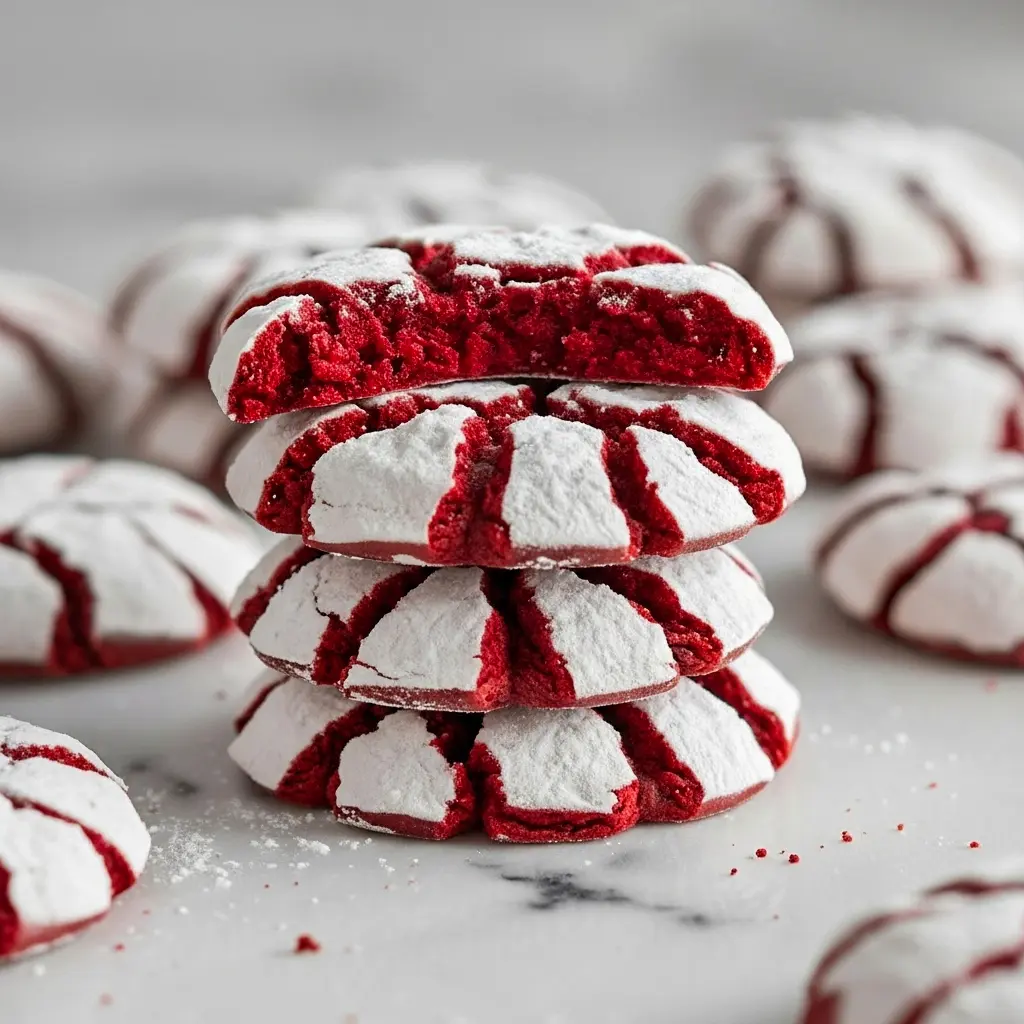Close-up of powdered-sugar–dusted red velvet crinkle cookies on a plate, festive and bright — Red Christmas Desserts.