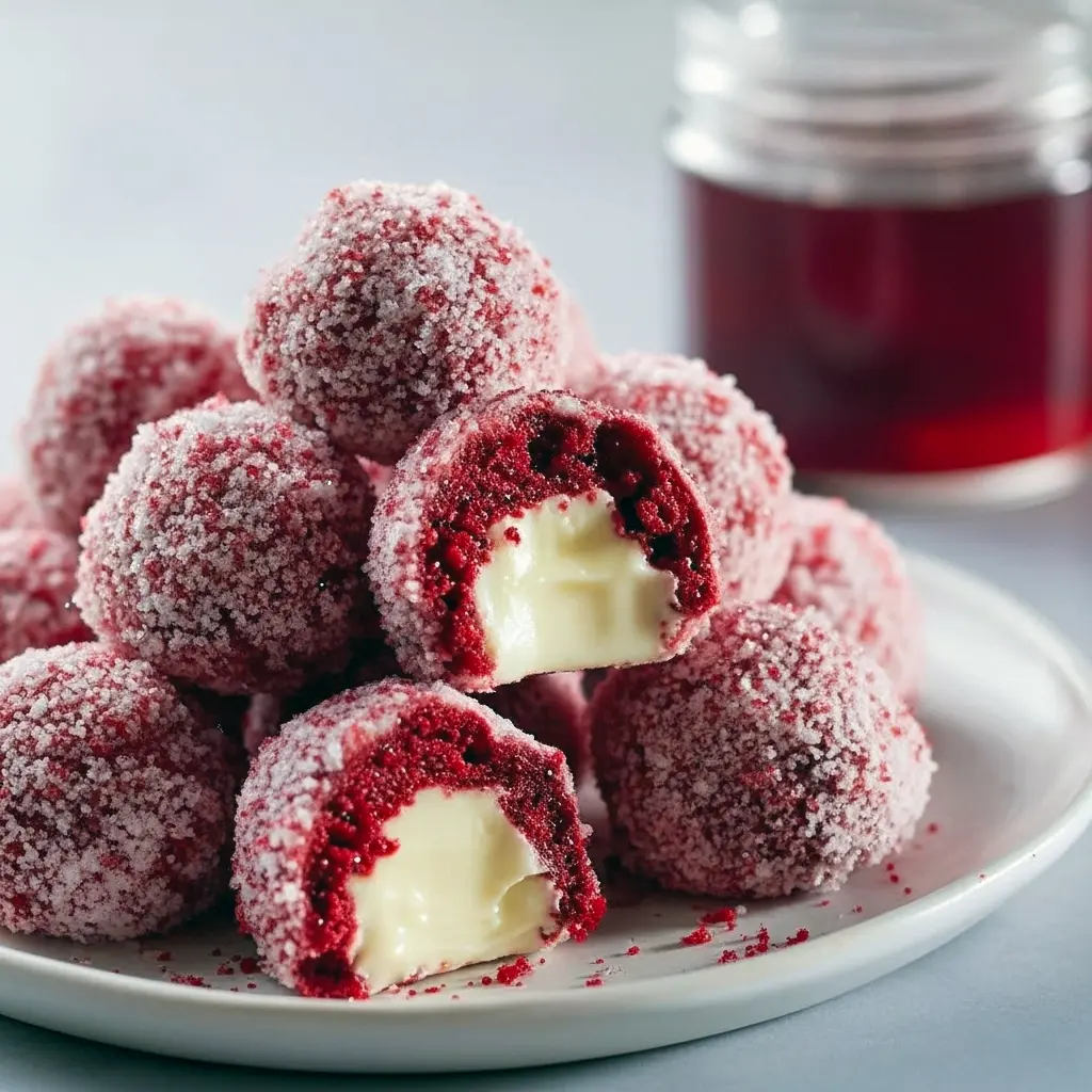 Close-up of round red velvet snowball cookies with a light dusting of powdered sugar, stacked on a festive plate with pine sprigs in the background, Sweet Holiday Treats.