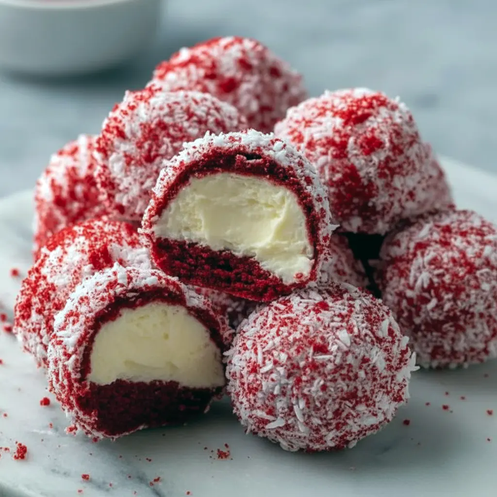 Close-up of round red velvet snowball cookies with a light dusting of powdered sugar, stacked on a festive plate with pine sprigs in the background, Sweet Holiday Treats.