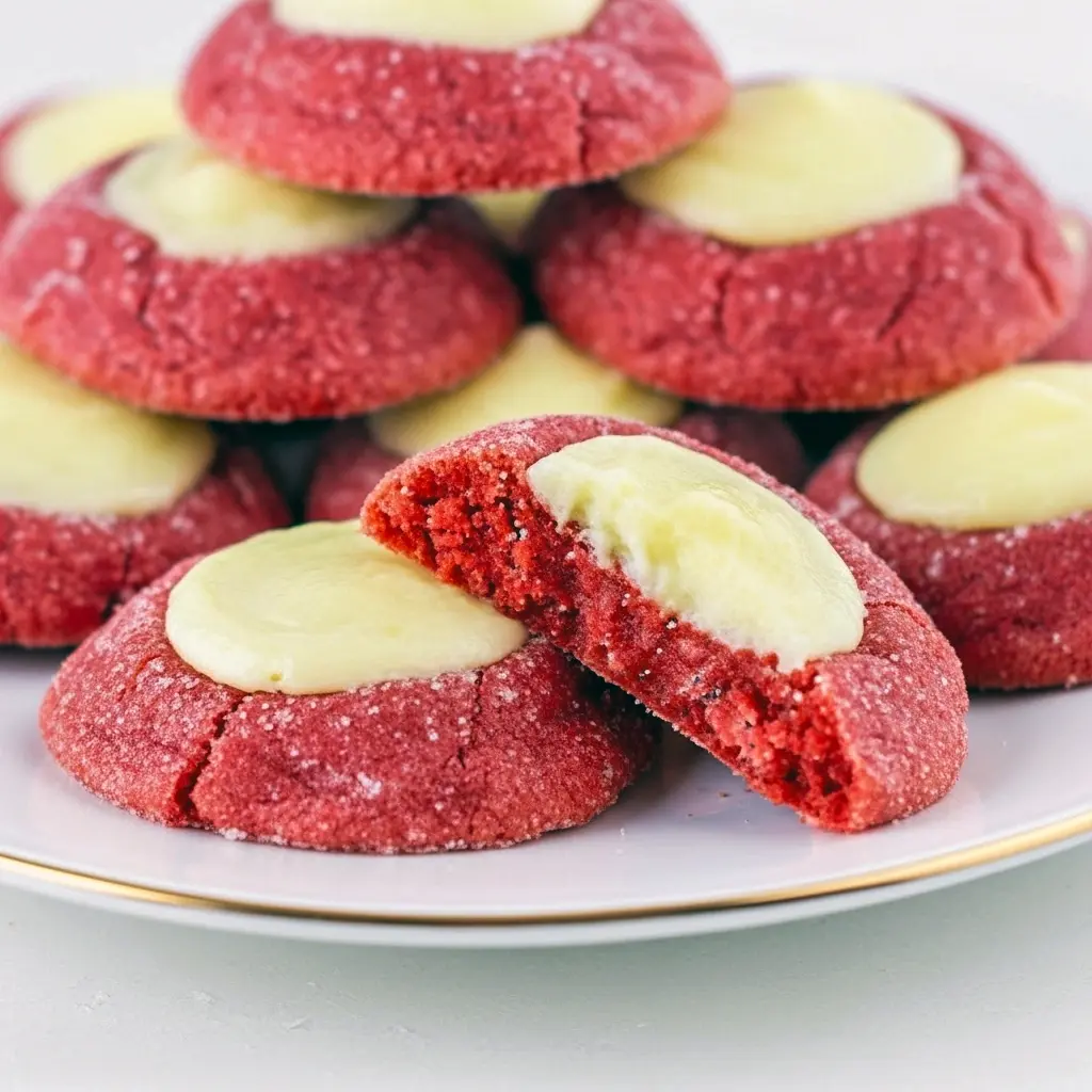Close-up of glossy red velvet thumbprint cookies filled with creamy white cream cheese, arranged on a festive plate with a light dusting of powdered sugar and red sanding sugar, Best Xmas Cookie Recipes.