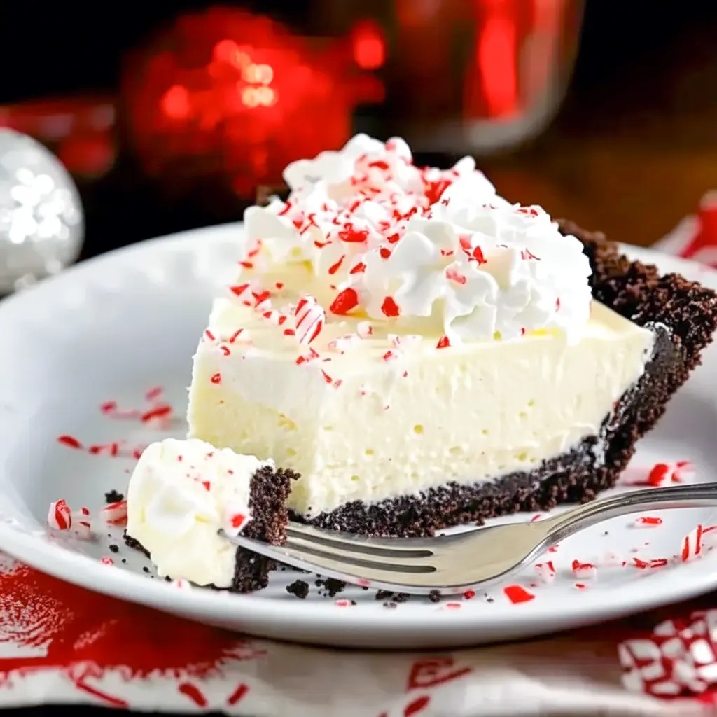 Slice of white chocolate peppermint pie with whipped cream, crushed candy cane and white chocolate shavings on a chocolate cookie crust — a mouthwatering Christmas Desserts Chocolate photo that reads like a Peppermint Cream Cheese Pie and White Chocolate Peppermint Oreo Pie in one; ideal for White Christmas Pie Recipes, fans of a classic Peppermint Pie, lovers of Peppermint Cream Pie, and perfect for holiday galleries of Christmas Baking Recipes Desserts, Christmas Cream Pie features, or Cream Pies No Bake roundups.