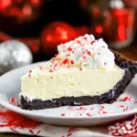 Slice of white chocolate peppermint pie with whipped cream, crushed candy cane and white chocolate shavings on a chocolate cookie crust — a mouthwatering Christmas Desserts Chocolate photo that reads like a Peppermint Cream Cheese Pie and White Chocolate Peppermint Oreo Pie in one; ideal for White Christmas Pie Recipes, fans of a classic Peppermint Pie, lovers of Peppermint Cream Pie, and perfect for holiday galleries of Christmas Baking Recipes Desserts, Christmas Cream Pie features, or Cream Pies No Bake roundups.