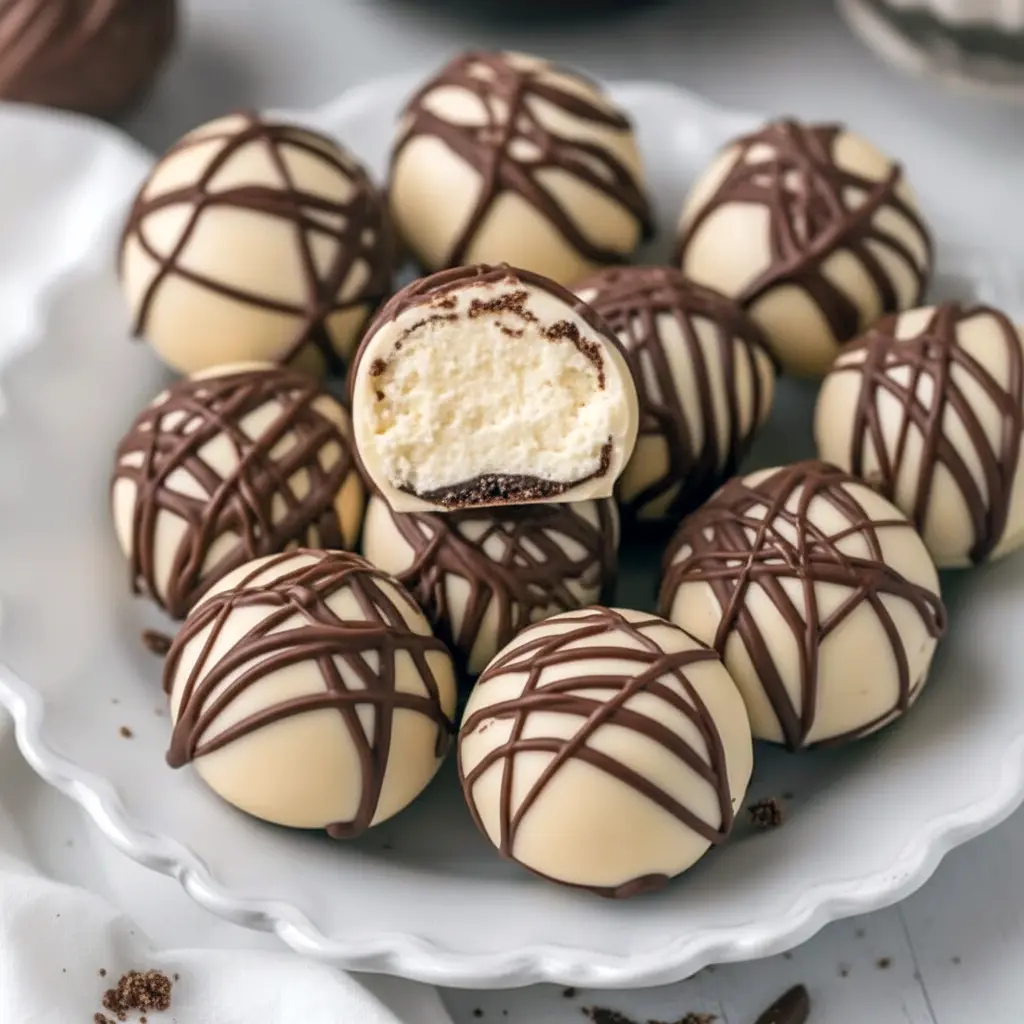 Close-up of glossy white-chocolate coated cheesecake balls drizzled with dark chocolate, sprinkled with cookie crumbs and gold sprinkles on a festive serving plate, Christmas Cheesecake Dessert.