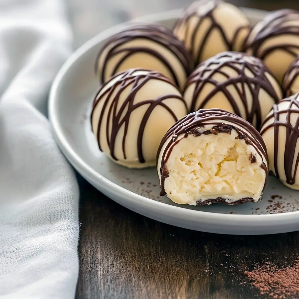 Close-up of glossy white-chocolate coated cheesecake balls drizzled with dark chocolate, sprinkled with cookie crumbs and gold sprinkles on a festive serving plate, Christmas Cheesecake Dessert.