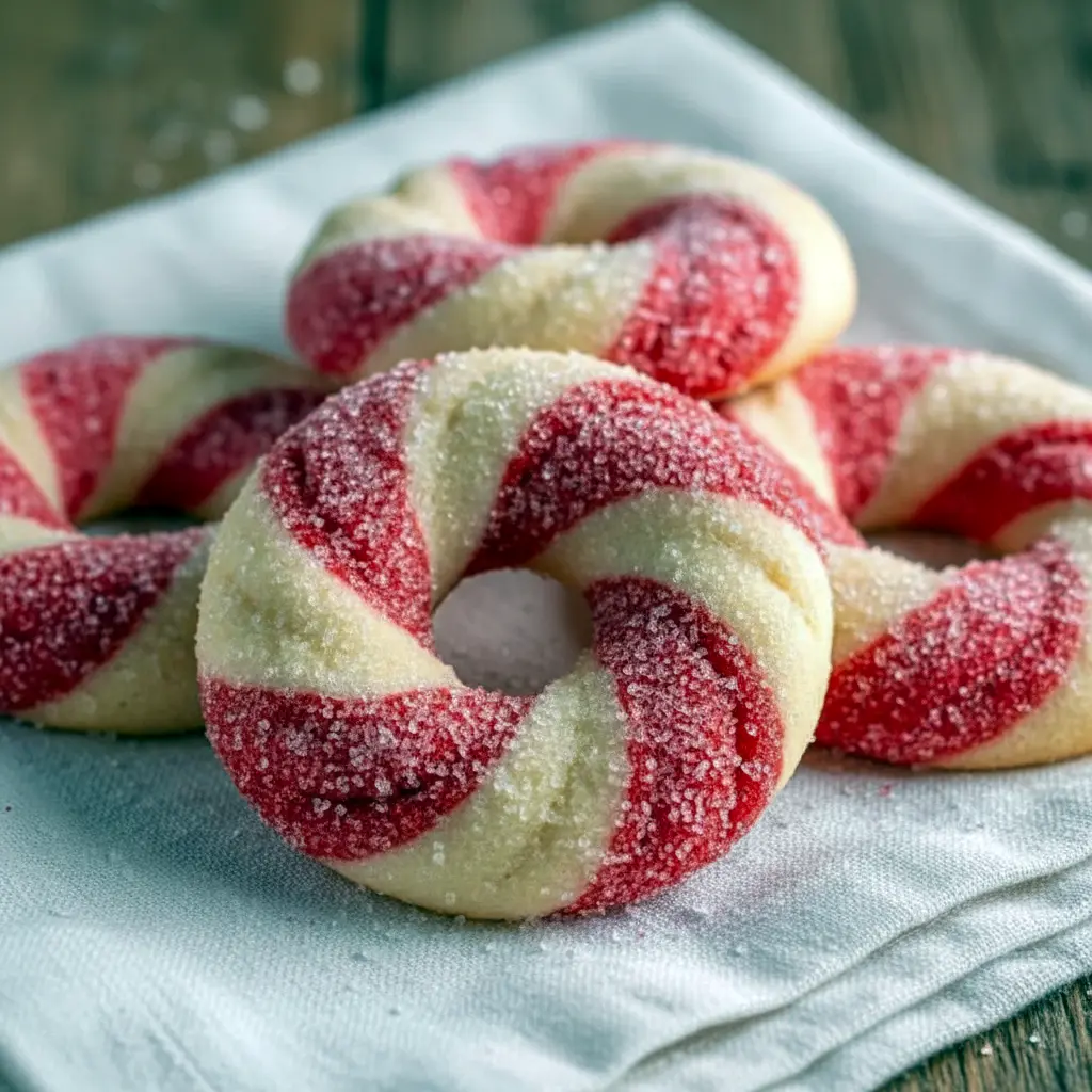 Close-up of round sugar cookies studded with crushed peppermint, arranged on a festive plate, Festive Christmas Cookies Recipes.