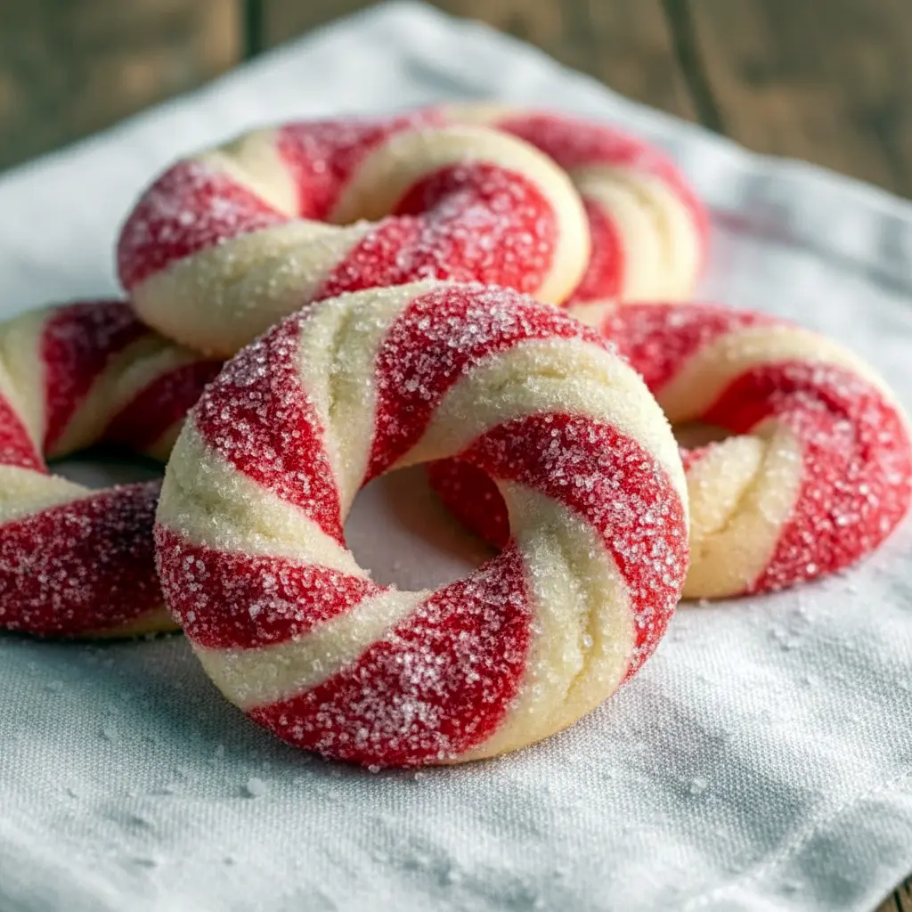 Close-up of round sugar cookies studded with crushed peppermint, arranged on a festive plate, Festive Christmas Cookies Recipes.