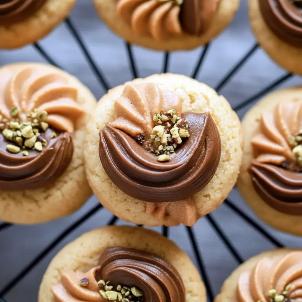 Close-up of coffee butter cookies piped into rosettes, drizzled with dark chocolate and topped with chopped pistachios on a festive plate, Christmas Desserts.