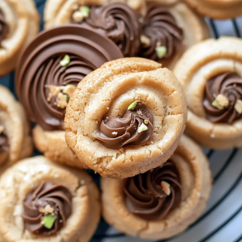 Close-up of coffee butter cookies piped into rosettes, drizzled with dark chocolate and topped with chopped pistachios on a festive plate, Christmas Desserts.