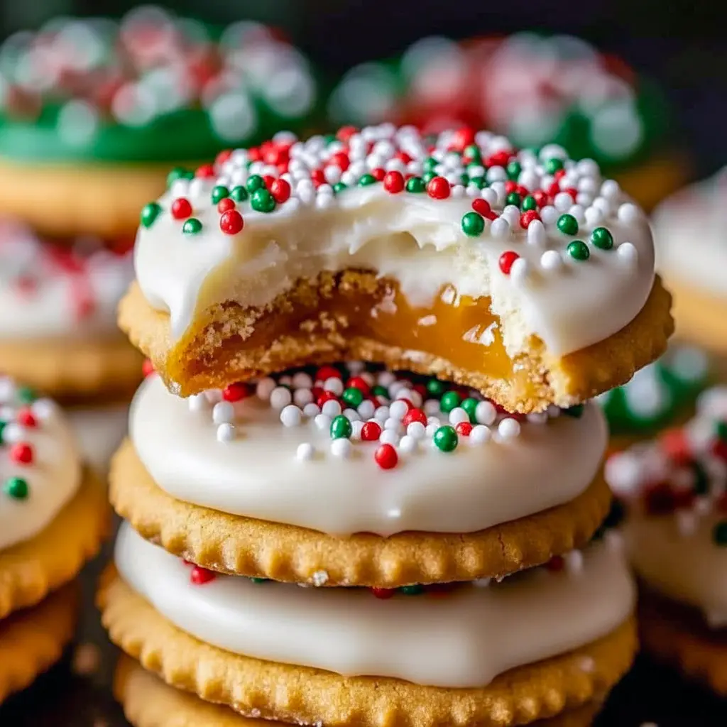Caramel-filled Ritz cracker sandwiches dipped in white chocolate and topped with red, white, and green sprinkles on a festive plate, Christmas Sweet Treats.