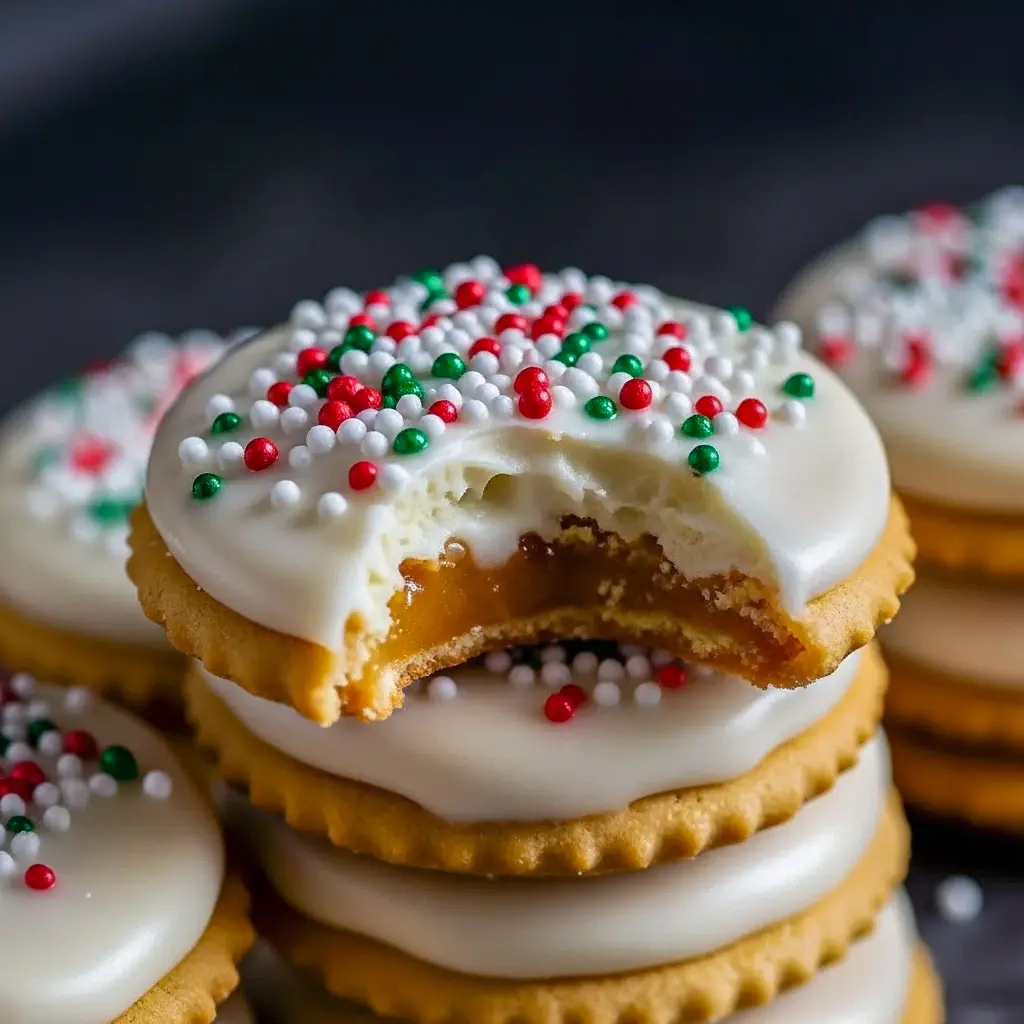 Caramel-filled Ritz cracker sandwiches dipped in white chocolate and topped with red, white, and green sprinkles on a festive plate, Christmas Sweet Treats.