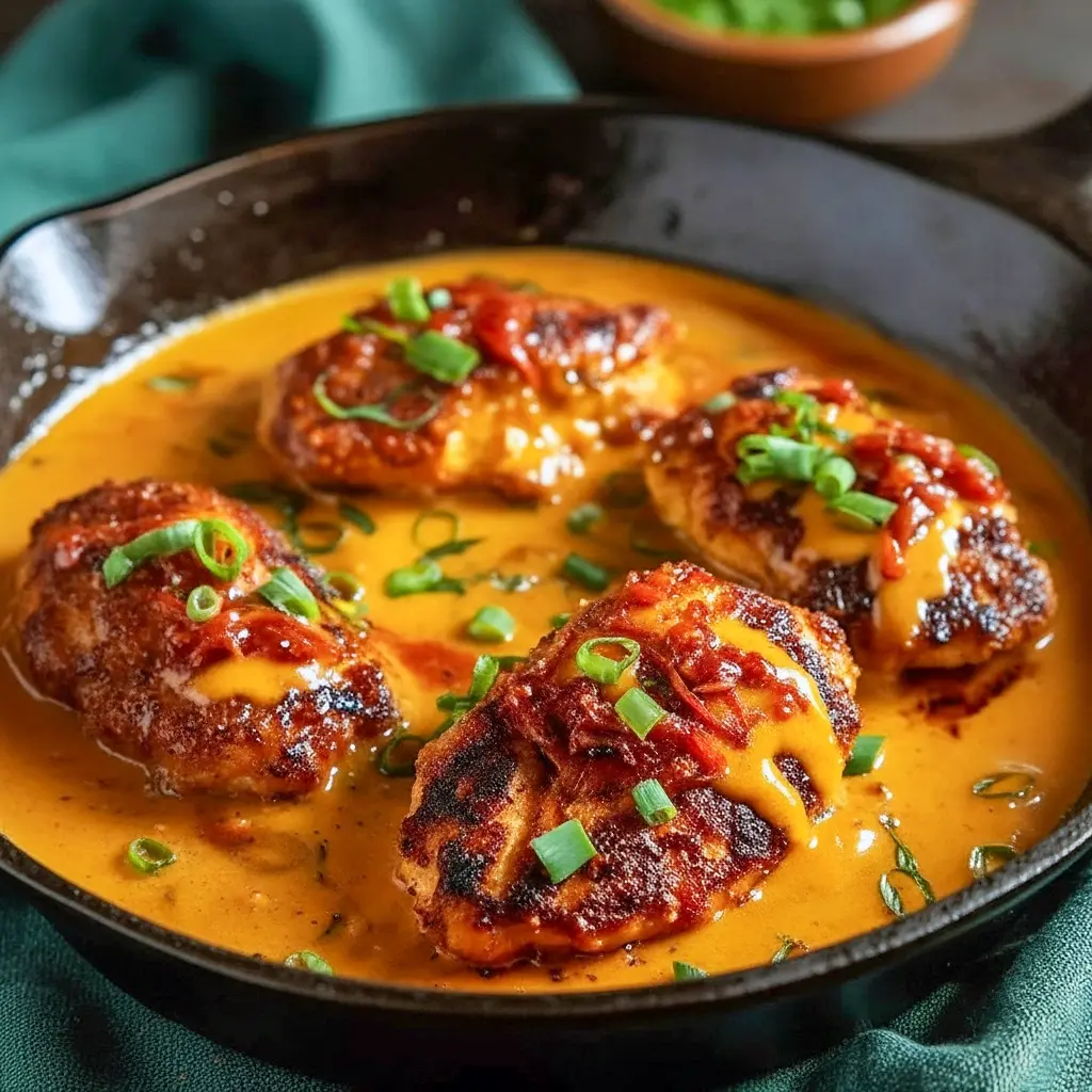 Glossy skillet of chicken and bell peppers, sesame seeds and green onions — a Spicy Chicken Breast Dish and one of many Spicy Chicken Dinner Options for a fiery Spicy Dinner, Spicy Chicken Skillet.