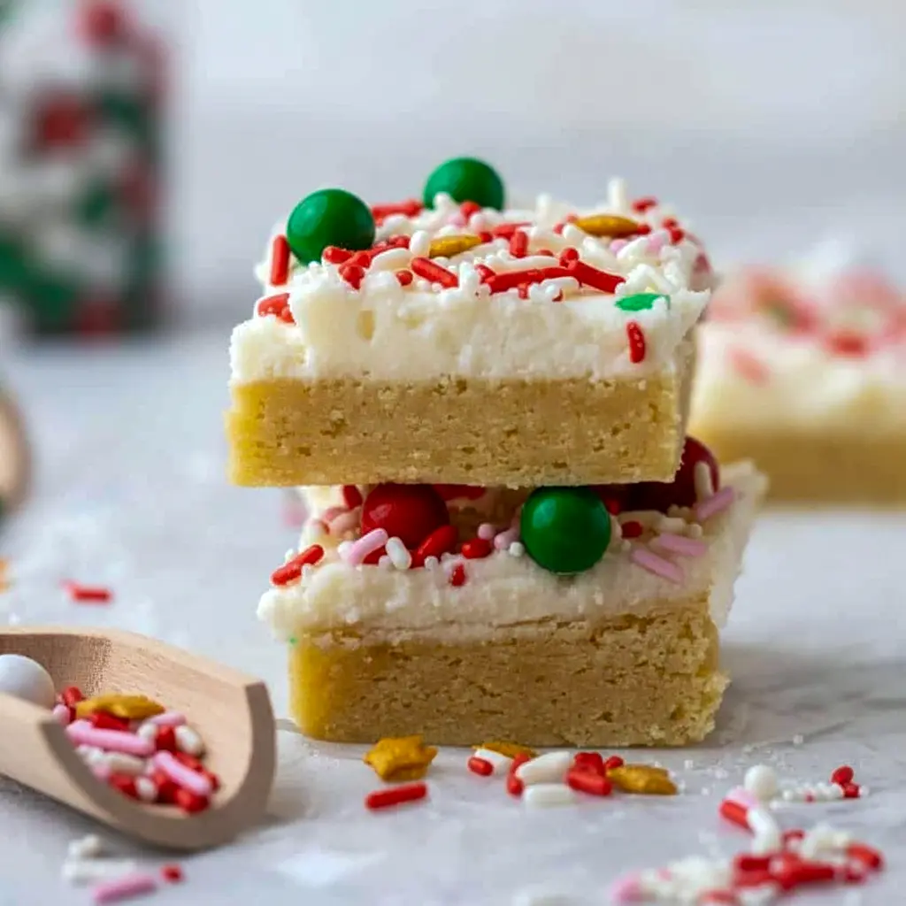 Close-up of frosted Christmas Cookie Bars on a platter, dotted with red and green sprinkles.