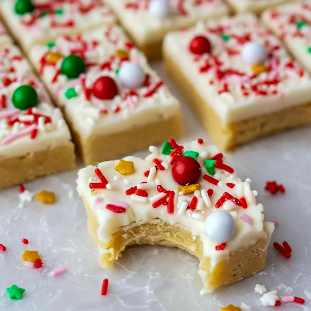 Close-up of frosted Christmas Cookie Bars on a platter, dotted with red and green sprinkles.