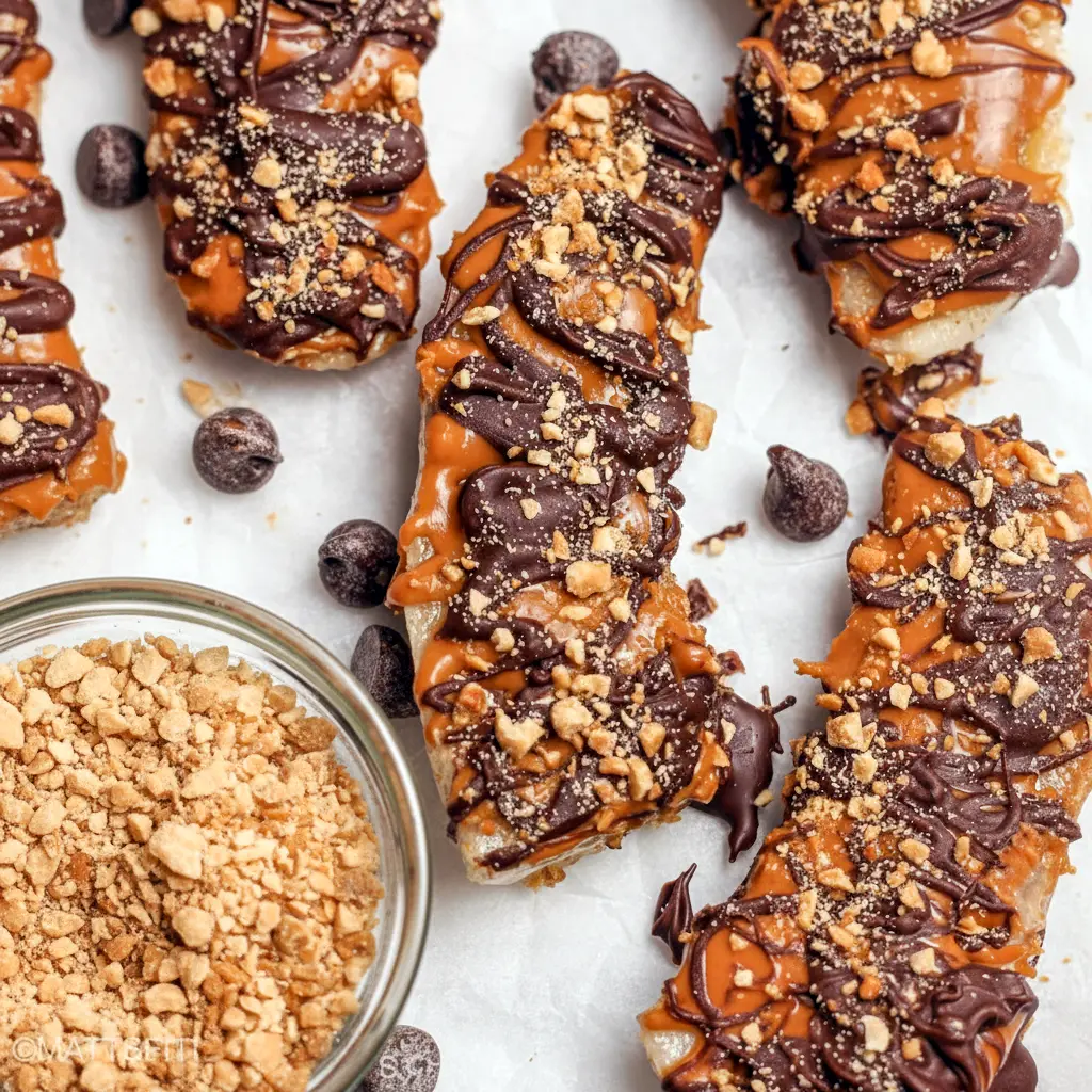 Frozen banana slices topped with peanut butter, chopped peanuts, and dark chocolate drizzle on parchment paper, Healthy Banana Treats.