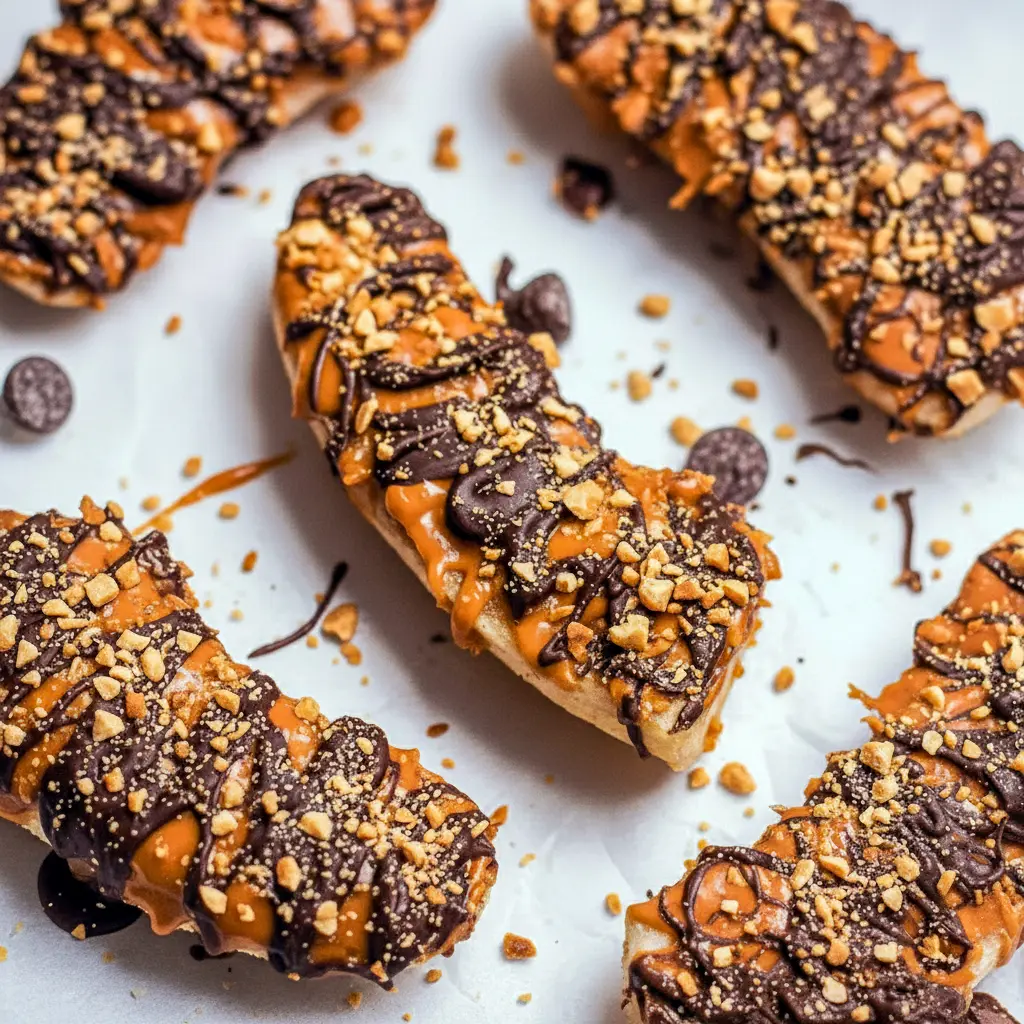 Frozen banana slices topped with peanut butter, chopped peanuts, and dark chocolate drizzle on parchment paper, Healthy Banana Treats.