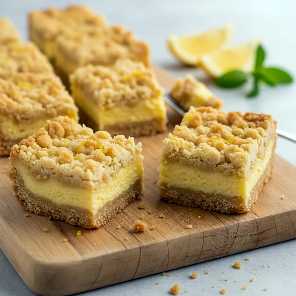 Golden Lemon Shortbread Bars on a tray topped with powdered sugar — bright, buttery squares ideal for Lemon Dessert Recipes, highlighting a perfect blend of Lemon Savory sweetness for Baking For A Crowd. A vibrant Lemon Bar dessert that works well among Easy Easter Desserts, featuring melt-in-your-mouth Shortbread Bars as a crowd-friendly Dessert Bar Recipe, styled for warm-weather gatherings and refreshing Lemon Desserts.