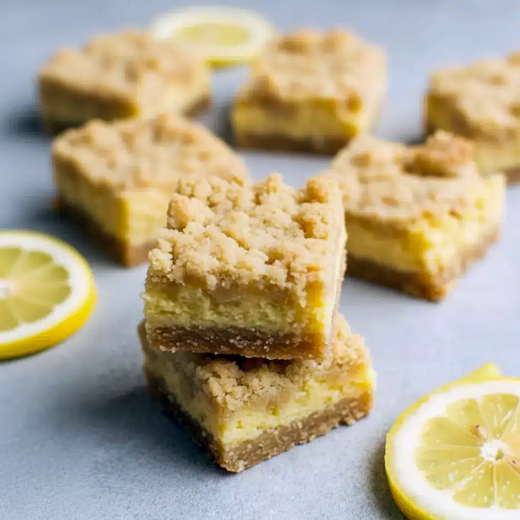 Golden Lemon Shortbread Bars on a tray topped with powdered sugar — bright, buttery squares ideal for Lemon Dessert Recipes, highlighting a perfect blend of Lemon Savory sweetness for Baking For A Crowd. A vibrant Lemon Bar dessert that works well among Easy Easter Desserts, featuring melt-in-your-mouth Shortbread Bars as a crowd-friendly Dessert Bar Recipe, styled for warm-weather gatherings and refreshing Lemon Desserts.