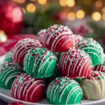 Close-up of glossy, candy-coated cheesecake bites on a holiday platter, a modern spin on Christmas Baked Treats, styled as easy Christmas Movie Snacks and charming Small Christmas Desserts, perfect little Holiday Sweets, Quick And Easy Christmas Desserts.