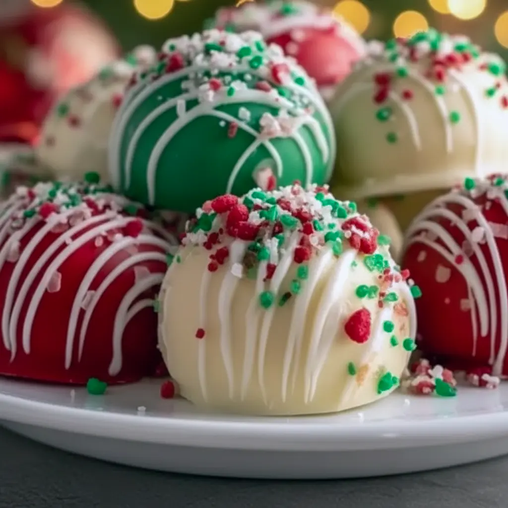 Close-up of glossy, candy-coated cheesecake bites on a holiday platter, a modern spin on Christmas Baked Treats, styled as easy Christmas Movie Snacks and charming Small Christmas Desserts, perfect little Holiday Sweets, Quick And Easy Christmas Desserts.