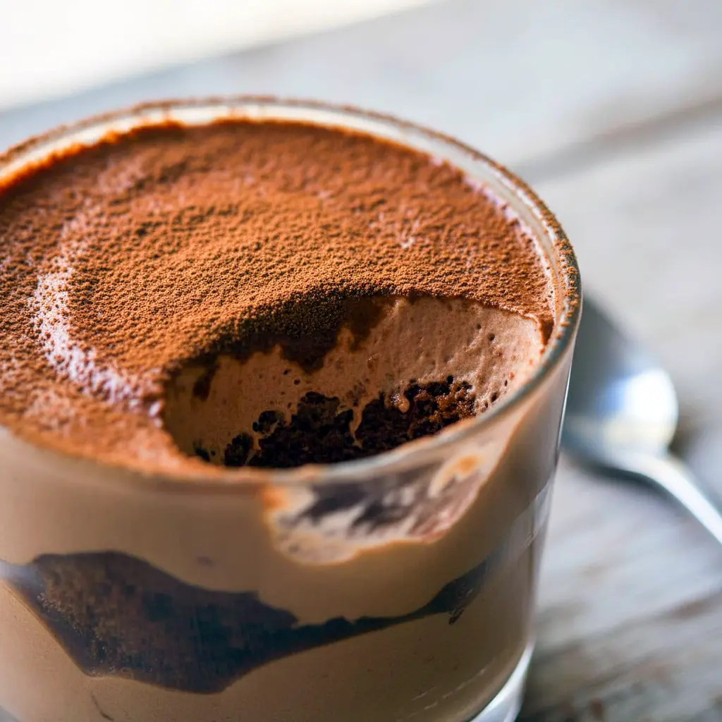Close-up of a layered chocolate-coffee mousse in a glass, dusted with cocoa and topped with a coffee bean — a decadent Keto Tiramisu that reads like a Keto Chocolate Cheesecake Mousse and works as a quick Keto Tiramisu Recipe Without Mascarpone, Keto Tiramisu Mousse.