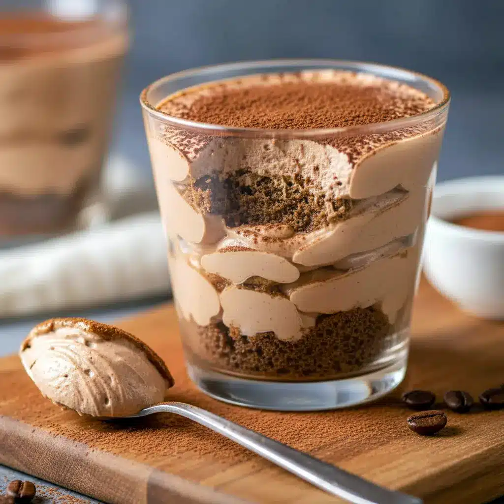 Close-up of a layered chocolate-coffee mousse in a glass, dusted with cocoa and topped with a coffee bean — a decadent Keto Tiramisu that reads like a Keto Chocolate Cheesecake Mousse and works as a quick Keto Tiramisu Recipe Without Mascarpone, Keto Tiramisu Mousse.