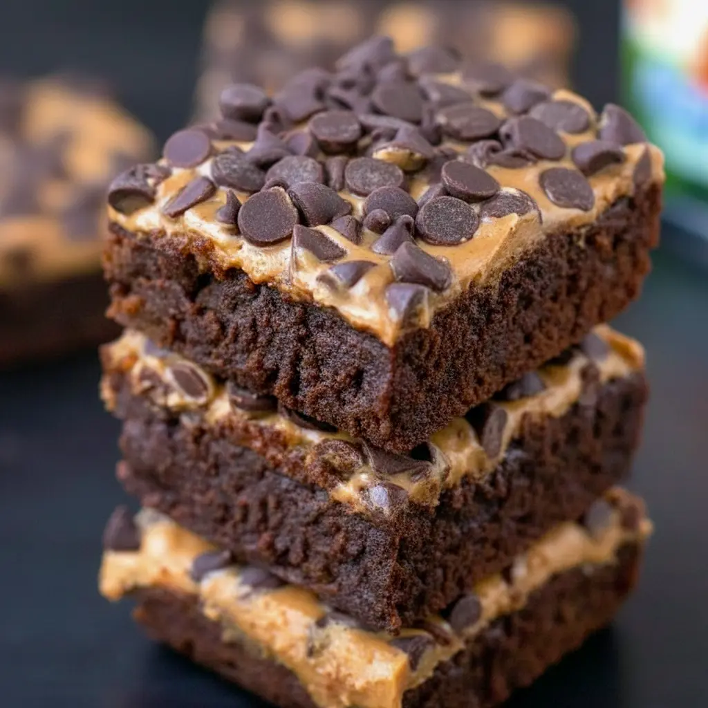 Stacked pumpkin-chocolate brownie bars on parchment, topped with a smear of peanut butter and sprinkled mini chocolate chips, Pumpkin Workout Brownies.
