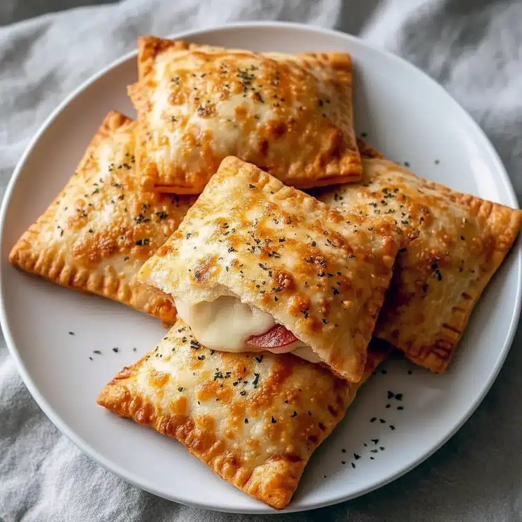 Golden baked pizza pockets with melted cheese oozing and a small bowl of marinara for dipping.