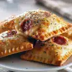 Golden baked pizza pockets with melted cheese oozing and a small bowl of marinara for dipping.