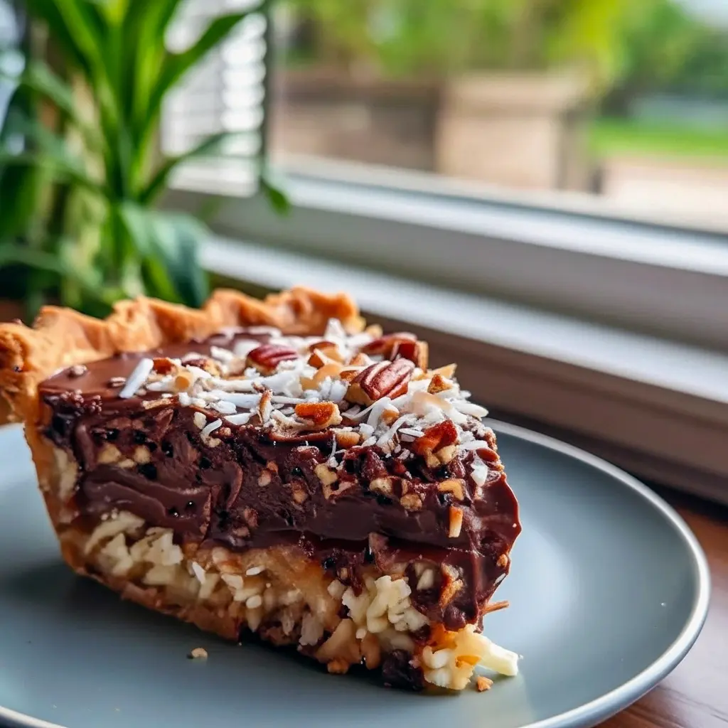 Glossy chocolate pie slice on a white plate with coconut-pecan topping and Oreo crust, Chocolate Almond Pie inspiration meets a Decadent Chocolate Pie vibe, nodding to a mini 7 Layer Pie and written as a simple German Pie Recipe for lovers of German Chocolate Desserts Easy, No Bake German Choc Pie.
