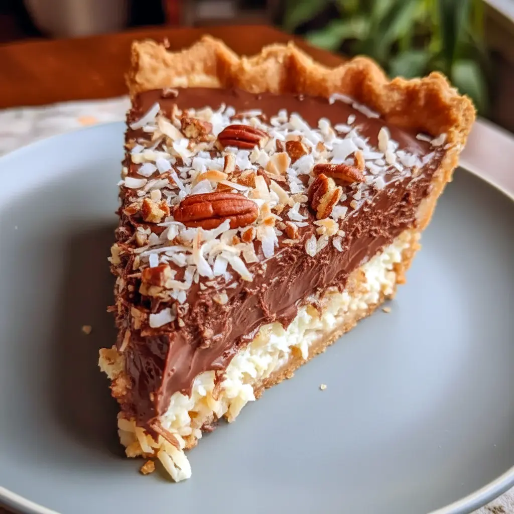 Glossy chocolate pie slice on a white plate with coconut-pecan topping and Oreo crust, Chocolate Almond Pie inspiration meets a Decadent Chocolate Pie vibe, nodding to a mini 7 Layer Pie and written as a simple German Pie Recipe for lovers of German Chocolate Desserts Easy, No Bake German Choc Pie.