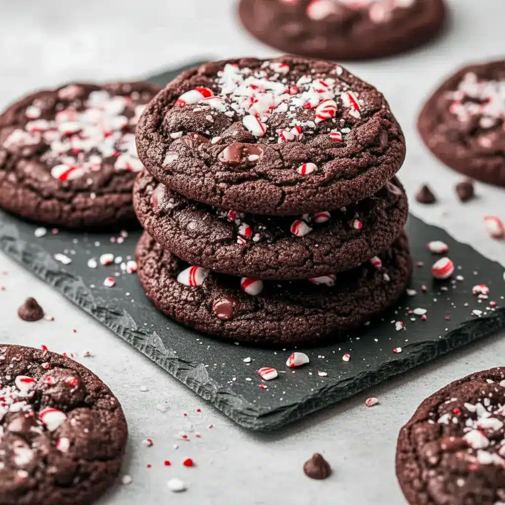 Chocolate Peppermint Christmas Cookies — stack of glossy double-chocolate cookies dotted with peppermint chips and crushed candy cane on a parchment-lined tray.