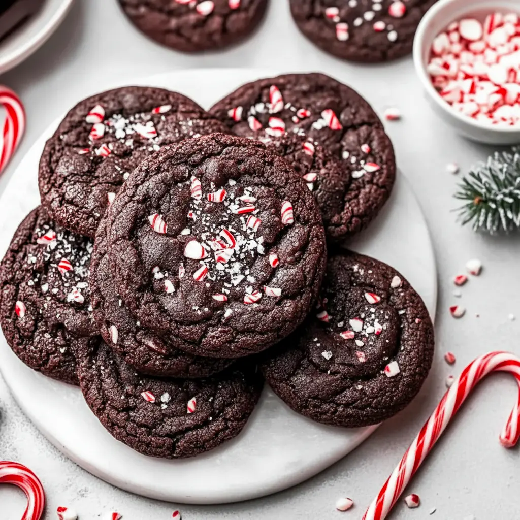 Chocolate Peppermint Christmas Cookies — stack of glossy double-chocolate cookies dotted with peppermint chips and crushed candy cane on a parchment-lined tray.