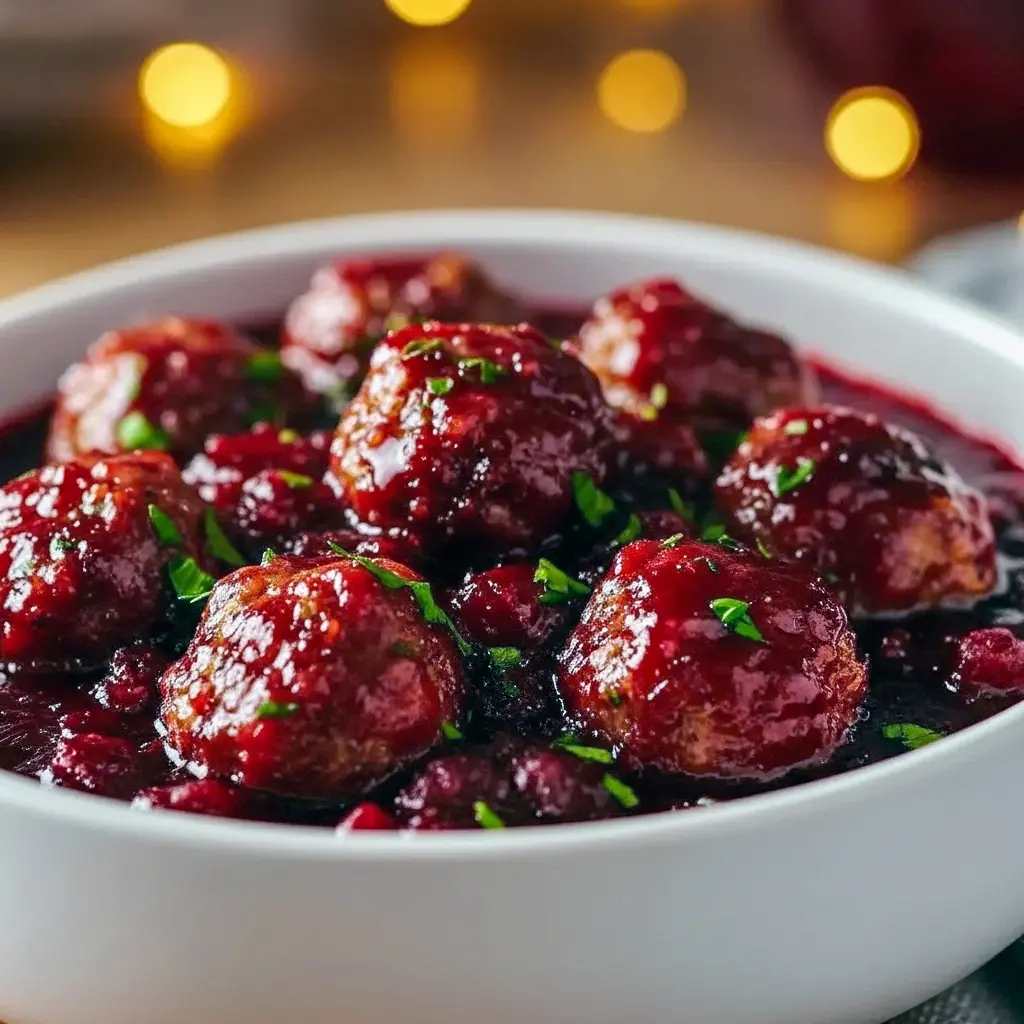Glossy cranberry-glazed meatballs piled in a festive bowl, garnished with rosemary and served with toothpicks for easy snacking, Easy Cute Christmas Appetizers.