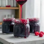 Mason jars of bright cranberry-strawberry jam next to a crockpot, cinnamon sticks, and a wooden spoon, Easy Christmas Jam Recipes.