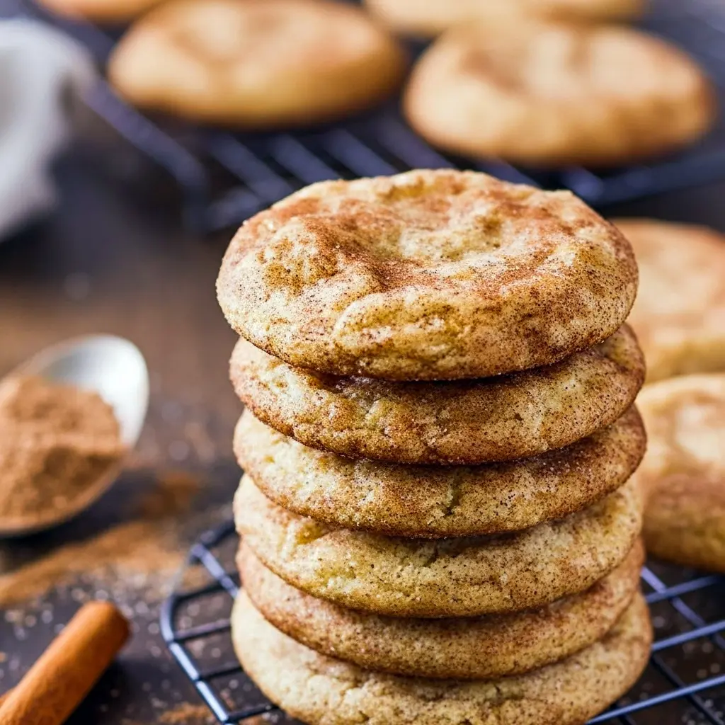 A stack of freshly baked snickerdoodle cookies dusted in cinnamon sugar, showing soft centers and crackled tops on a cooling rack, Soft And Chewy Snickerdoodle Cookies Recipe.