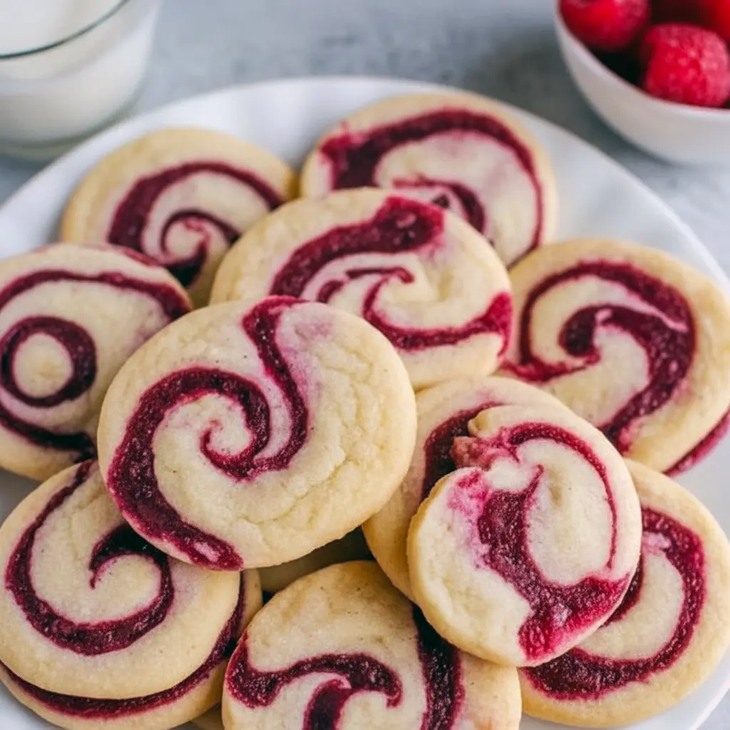 Close-up of golden shortbread rounds with raspberry swirls, some finished with a thin chocolate drizzle, arranged on a festive holiday plate, Christmas Cookies.