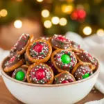 Close-up of Rolo-topped pretzel bites with M&M centers and festive sprinkles, cooling on parchment-lined baking sheet, Easy Christmas Treats.