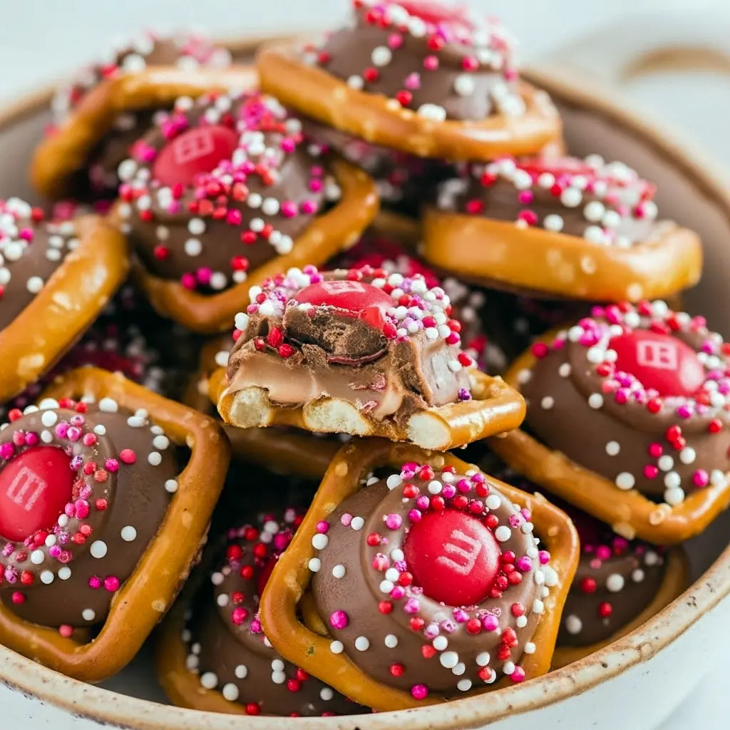 Close-up of Rolo-topped pretzel bites with M&M centers and festive sprinkles, cooling on parchment-lined baking sheet, Easy Christmas Treats.
