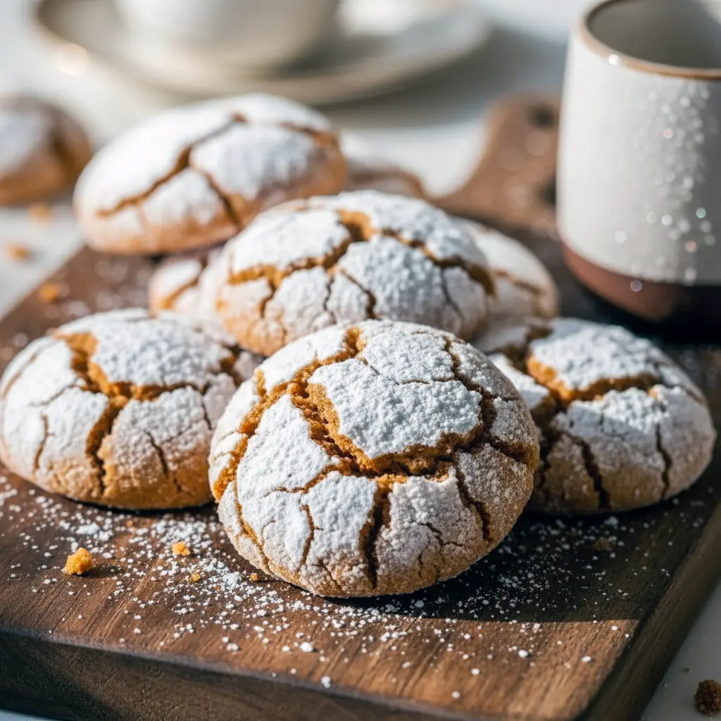 Close-up of powdered-sugar-coated gingerbread crinkle cookies with deep cracks, cooling on a wire rack, Christmas Desserts Traditional.