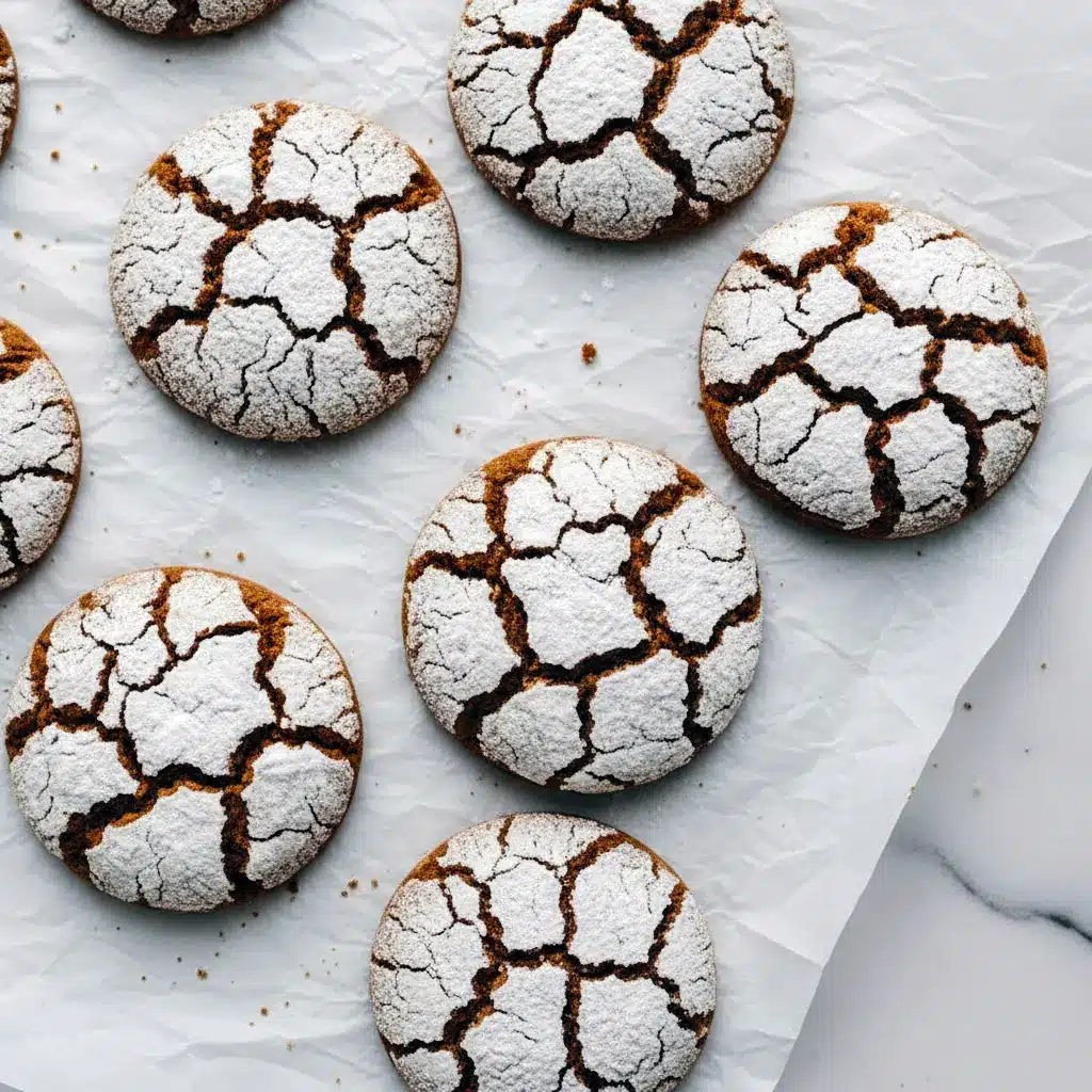 Close-up of powdered-sugar-coated gingerbread crinkle cookies with deep cracks, cooling on a wire rack, Christmas Desserts Traditional.