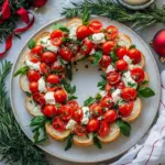 Round platter of toasted baguette rounds topped with tomato-basil and ricotta mixture, arranged like a festive wreath and garnished with rosemary and pomegranate seeds, Christmas Party Food To Share.