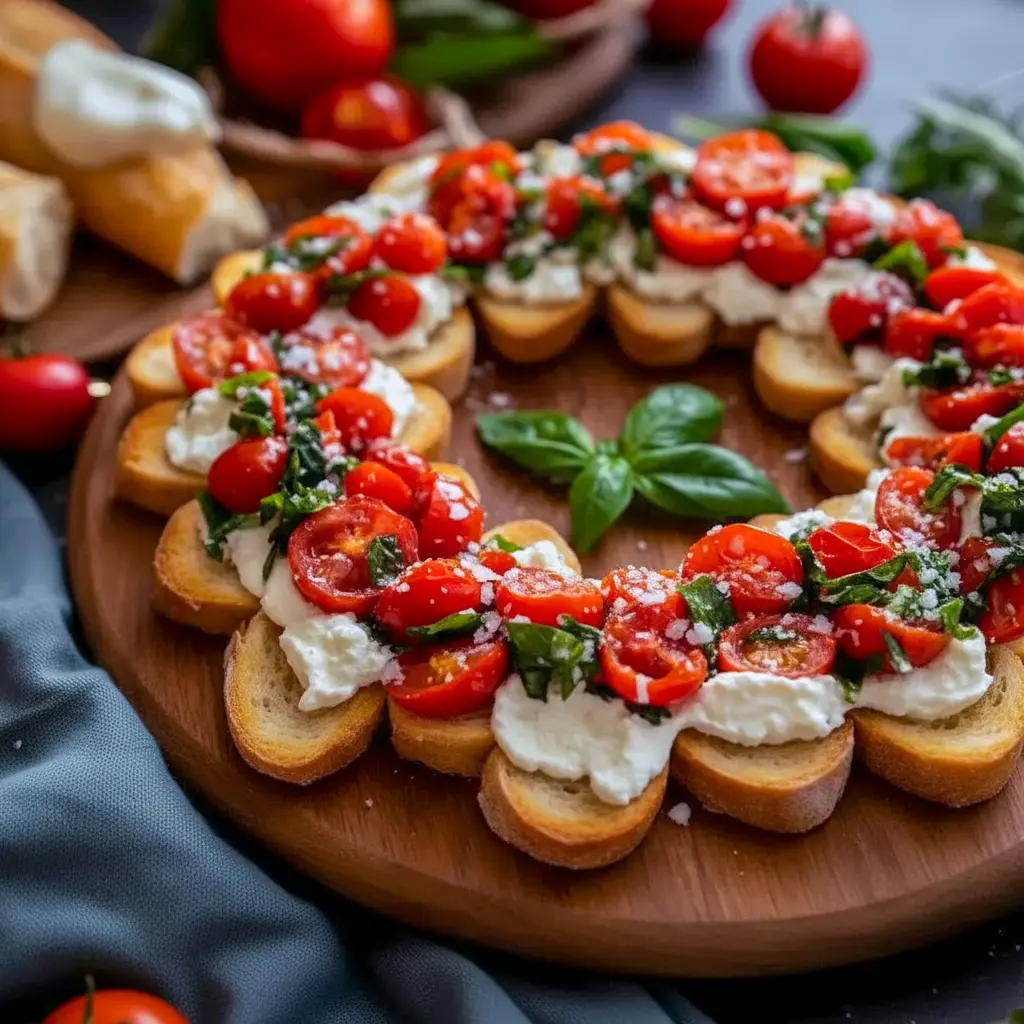 Round platter of toasted baguette rounds topped with tomato-basil and ricotta mixture, arranged like a festive wreath and garnished with rosemary and pomegranate seeds, Christmas Party Food To Share.